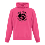 pink pull-over hoodie with stride avenue community school logo on the front