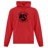 red pull-over hoodie with stride avenue community school logo on the front