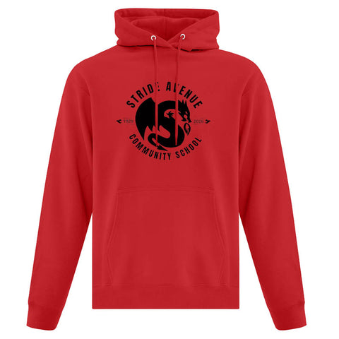 red pull-over hoodie with stride avenue community school logo on the front