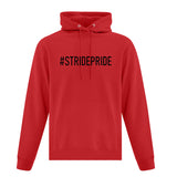 red pull-over hoodie with #stridepride written on the front