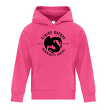 pink pull-over hoodie with stride avenue community school logo on the front