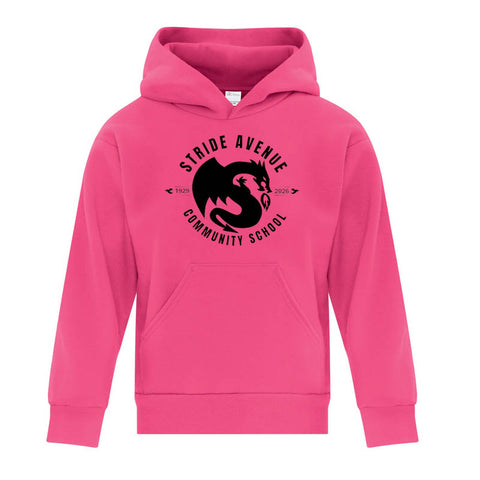 pink pull-over hoodie with stride avenue community school logo on the front
