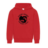 red pull-over hoodie with stride avenue community school logo on the front