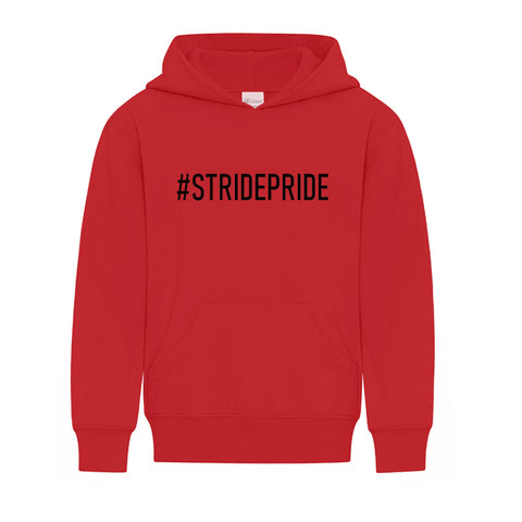 red pull-over hoodie with #stridepride written on the front